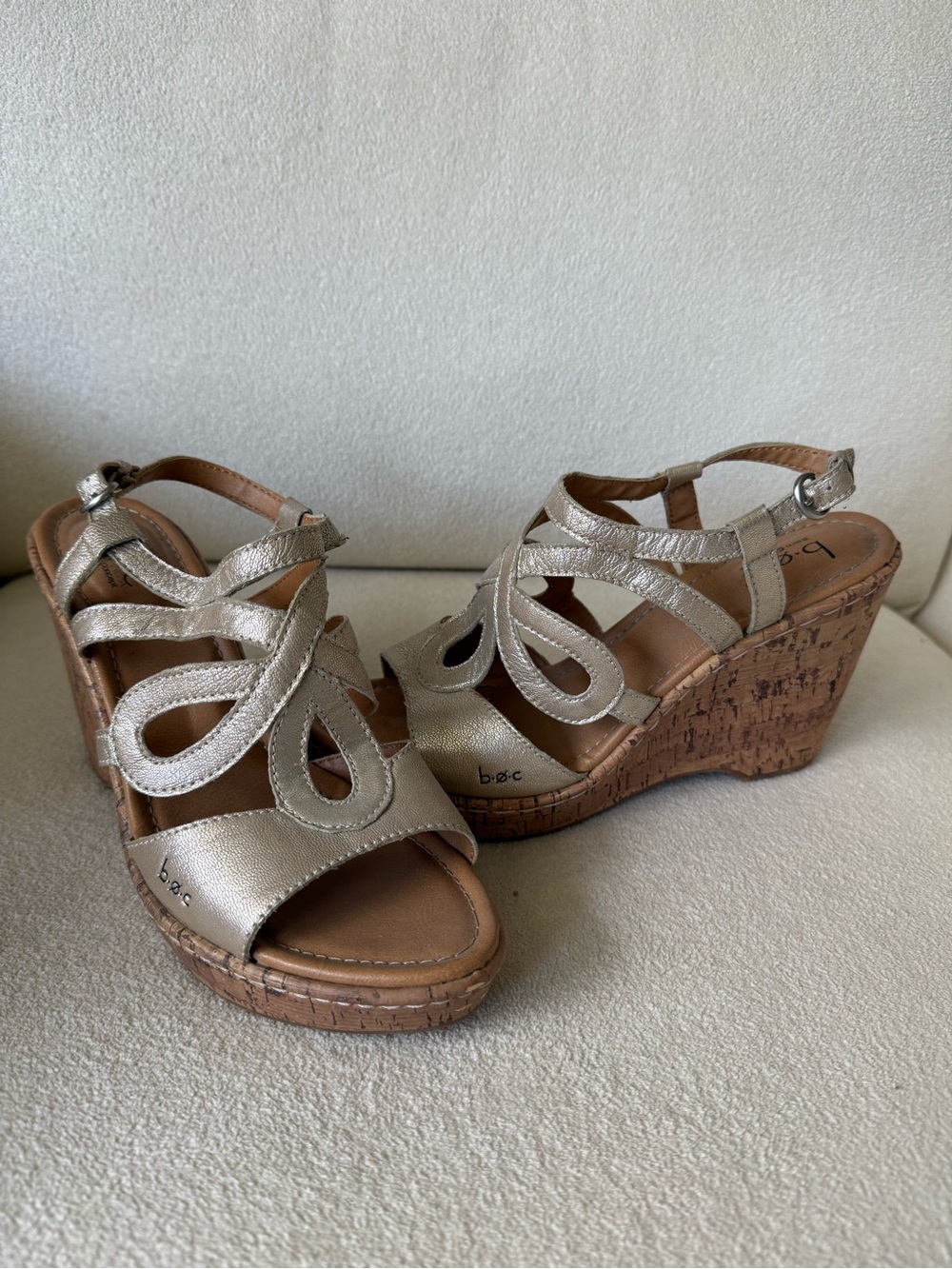 b.o.c. Champagne Metallic Cork Wedge Sandals